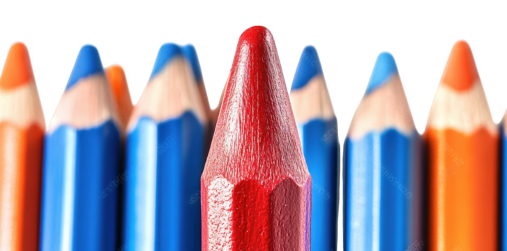 a single red pencil stands out in a row of blue pencils
