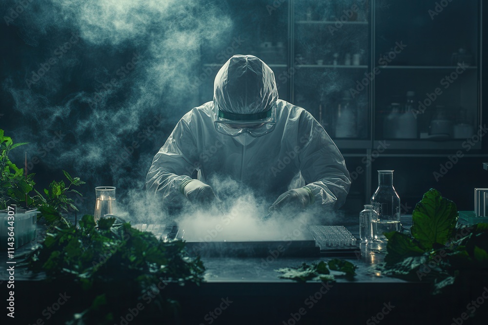 Poster A mysterious scientist conducts experiments in a foggy lab, surrounded by plants and glassware, creating an atmosphere of intrigue and discovery.