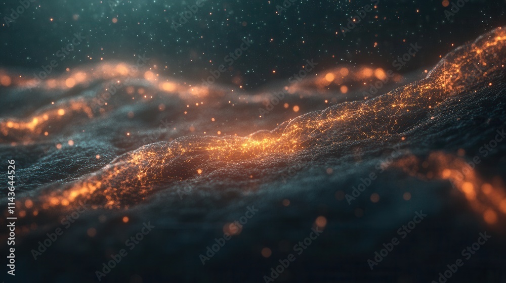 Poster A mesmerizing abstract scene of glowing waves and particles, evoking a sense of depth and tranquility in a dark, dreamy atmosphere.