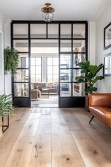 Modern home interior hallway with glass doors and light wood floors
