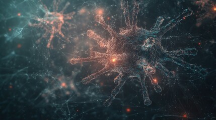 A mesmerizing close-up view of a digital representation of microorganisms, showcasing intricate details and vibrant colors against a dark background.