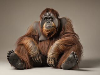 Orangutan sits calmly against a neutral background in a studio environment showcasing its expressive features