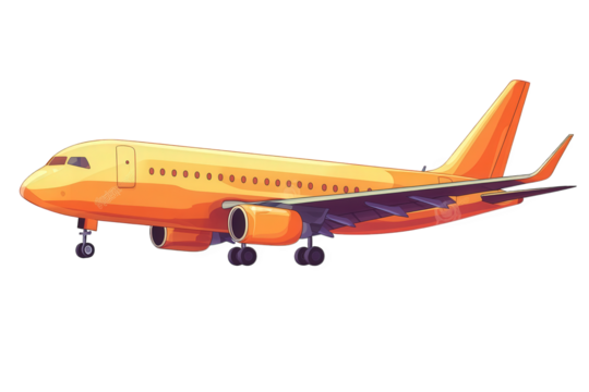 a cartoon style illustration of a yellow and orange commercial airplane preparing to land on a runway