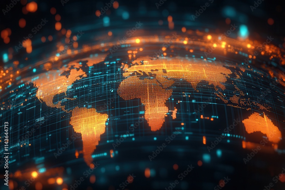 Fototapete A vibrant digital representation of Earth, featuring glowing continents and a network of data streams, symbolizing global connectivity and technology.