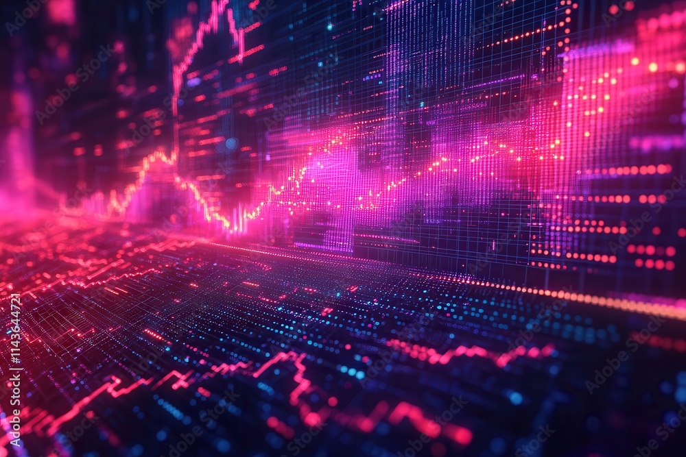 Poster a vibrant digital landscape featuring colorful data visualizations and glowing lines, representing t