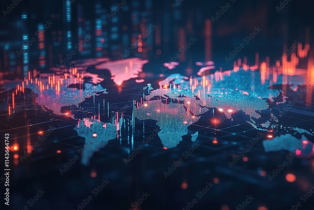 Poster A vibrant digital representation of a world map with data visualizations, showcasing trends in technology and global connectivity.