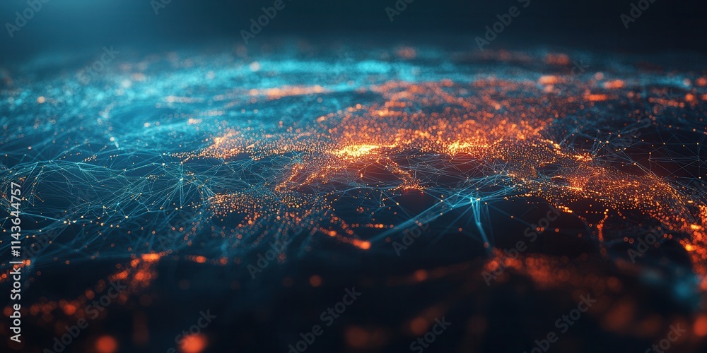 Poster A vibrant digital representation of a networked world, showcasing interconnected data points with glowing blue and orange lights against a dark background.