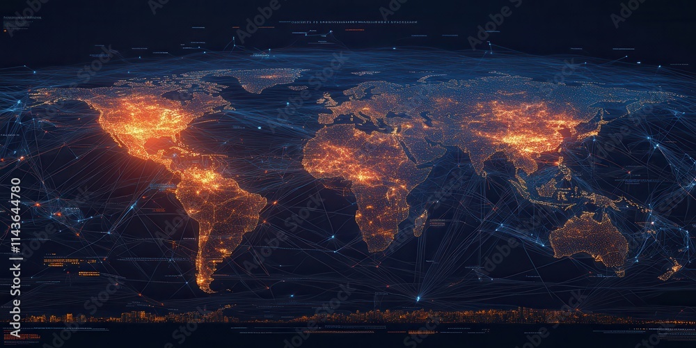 Poster A digital world map illuminated by glowing lights, representing connectivity and technological advancement across various regions.