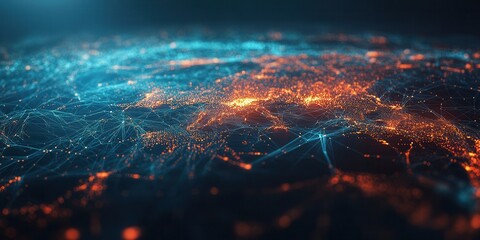 A vibrant digital representation of a networked world, showcasing interconnected data points with glowing blue and orange lights against a dark background.