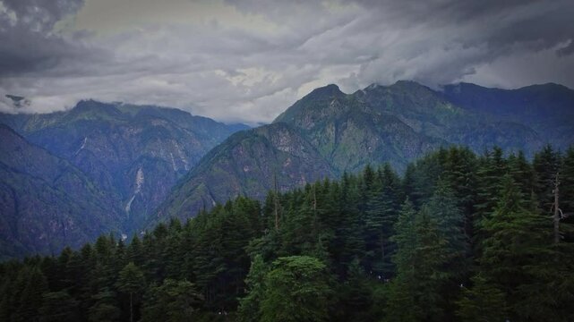 Beautiful drone shot of mountains of parvati valley in Himachal Pradesh, India	