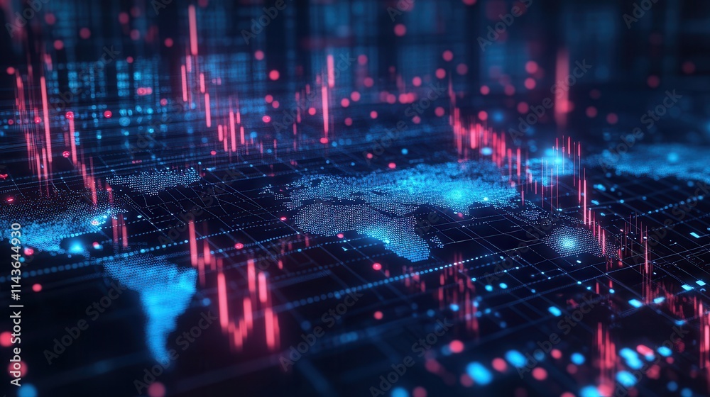 Aufkleber A vibrant digital landscape visualizing data trends with interconnected nodes, glowing lines, and dynamic graphs representing financial or technological information.