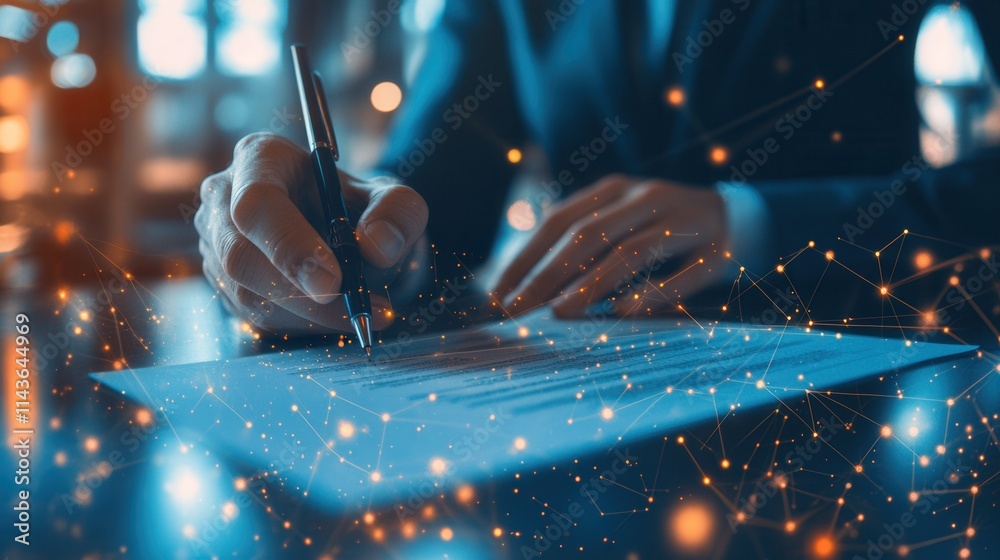 Poster a professional hand signing a document with a pen, surrounded by a digital, interconnected backgroun