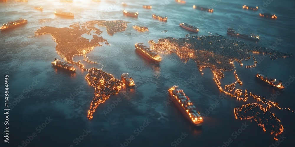Poster aerial view of illuminated cargo ships scattered across a dark ocean, resembling a glowing world map