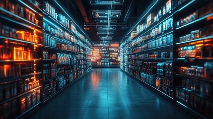 A futuristic library aisle illuminated by vibrant blue and orange lights, showcasing rows of books and digital media.
