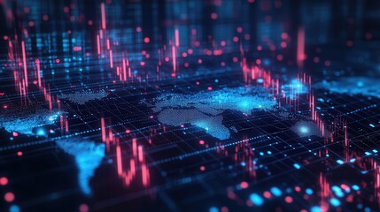 A vibrant digital landscape visualizing data trends with interconnected nodes, glowing lines, and dynamic graphs representing financial or technological information.