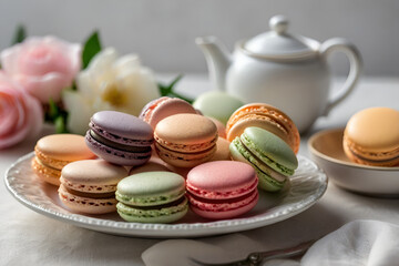 Obraz premium Elegant Pastel Macarons on White, A Harmonious Arrangement of Delicate Treats
