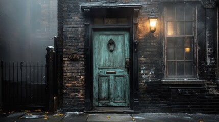 Aged Teal Door on a Foggy Brick Building