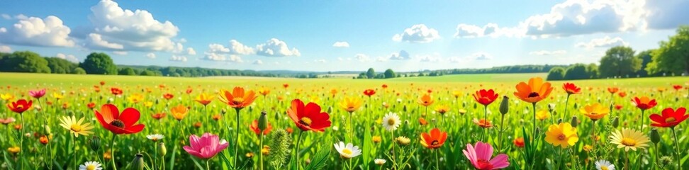Fototapeta premium A field of wildflowers stretching across the horizon on a sunny spring day, meadow, landscape