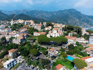 Fototapeta premium Aerial View of Ravello Town on Amalfi Coast - Hilltop Charm and Stunning Mountain Backdrop