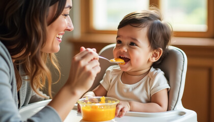 A cheerful baby being fed by a smiling mother with a spoon in a high chair, enjoying a meal in a bright kitchen with warm natural light
