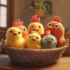 Fototapeta premium Adorable Handmade Wool Yarn Chickens in a Basket – Cute and Detailed HD Render