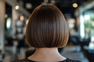 A woman with a short bob cut in a salon