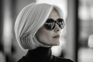 A woman with blonde hair wearing sunglasses and a black turtle neck sweater