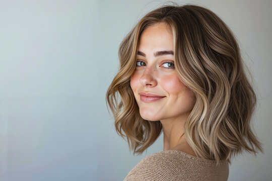 A woman with a shoulder length wavy bob with blonde highlights