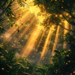 Obraz premium Enchanting sunlight beams shining through lush verdant forest canopy creating a magical serene and picturesque natural landscape