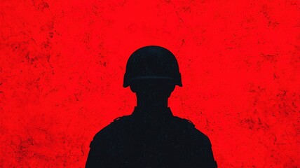 civil war rebellion concept. A dark silhouette of a soldier against a vibrant red background, symbolizing strength, conflict, or patriotism.