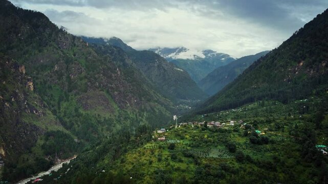 Beautiful drone shot of mountains of parvati valley in Himachal Pradesh, India