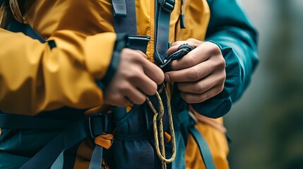 A person adjusts their backpack straps, preparing for an outdoor adventure.