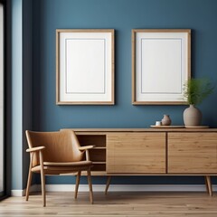 Modern living room with wooden furniture and blank frames