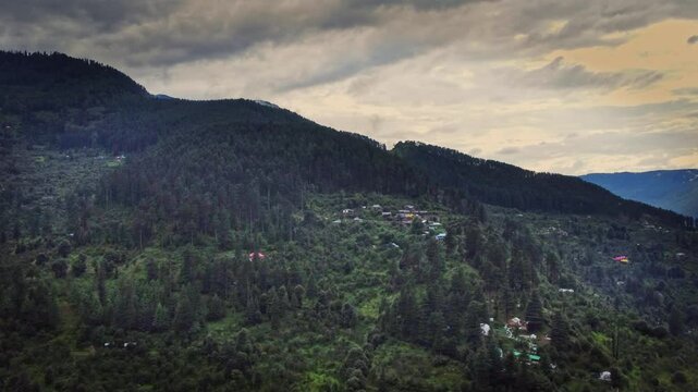 Beautiful drone shot of mountains of parvati valley in Himachal Pradesh, India