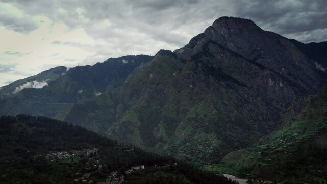 Beautiful drone shot of mountains of parvati valley in Himachal Pradesh, India