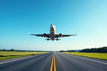 Fototapeta premium airplane taking off from runway amidst blue sky, takeoff, blue, aircraft