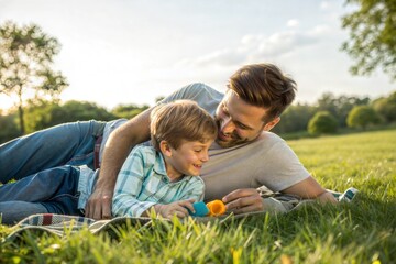 Fototapeta premium Father and Son Relaxing on the Grass in a Park.