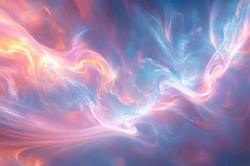 Fototapeta premium Ethereal pastel dreamscape, swirling iridescent clouds soft pink and blue gradient sky