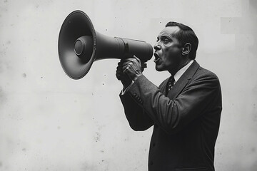 A man in a suit shouting into a megaphone