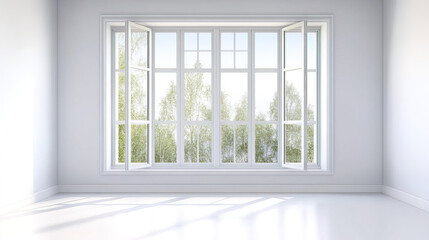 casement window with clean aluminum frame, bright and airy view