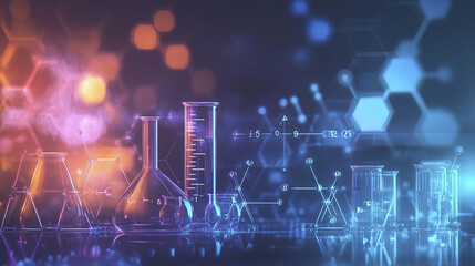 Chemistry themed background with colorful glassware and molecular structures