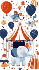 Cute elephants at circus tent with balloons.