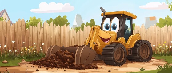 Happy Excavator Moving Soil In Backyard Garden