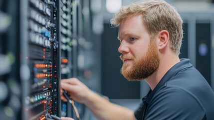 A technician manages server connections in a data center, showcasing expertise and focus in a high-tech environment.
