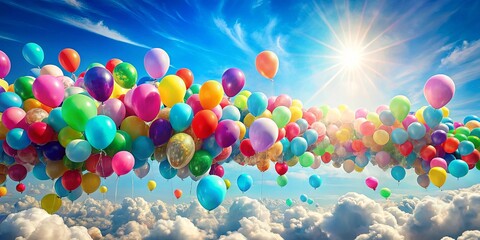 A vibrant cluster of colorful balloons floats effortlessly above a dreamy landscape of fluffy white clouds under a bright sunny sky.