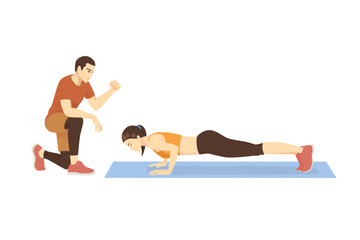 Workout personal trainer kneeling near a women isolated on white background. Coaching for doing the correct plank pose.