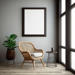 Modern Room Interior Design Featuring Rattan Chair and Blank Frame