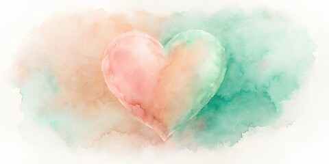 Fototapeta premium A delicate watercolor heart painted in soft peach and seafoam green hues