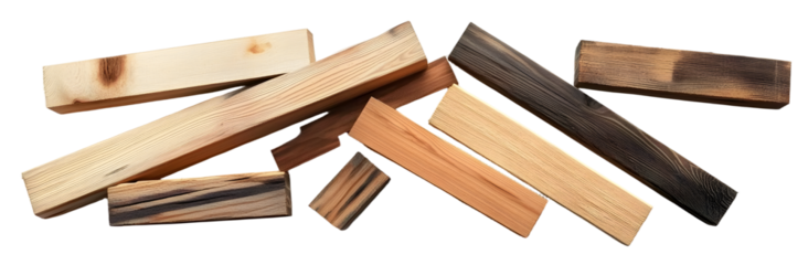 Collection of 2x4 wood boards isolated on transparent or white background, png