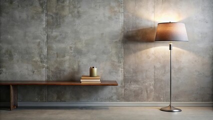 Modern minimalist interior design with a wooden shelf, floor lamp, and decorative items against a textured wall.